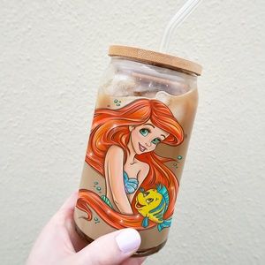 Disney Princess Ariel 16oz can glass with bamboo lid & straw